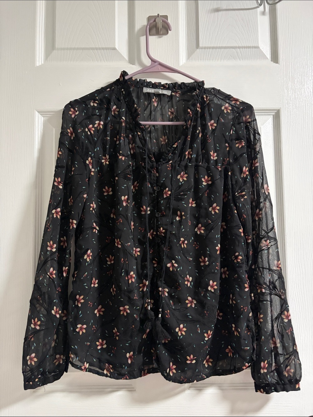 Daniel Rainn Black Sheer Floral Tie-Neck Blouse